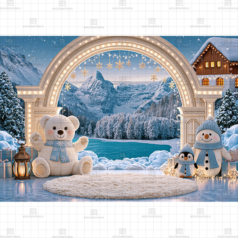 Snowy Stone House Printed Baby Backdrop