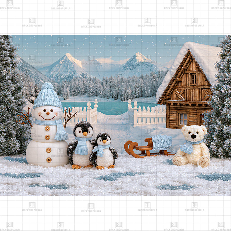 Winter Friends Lake Cabin Printed Baby Backdrop