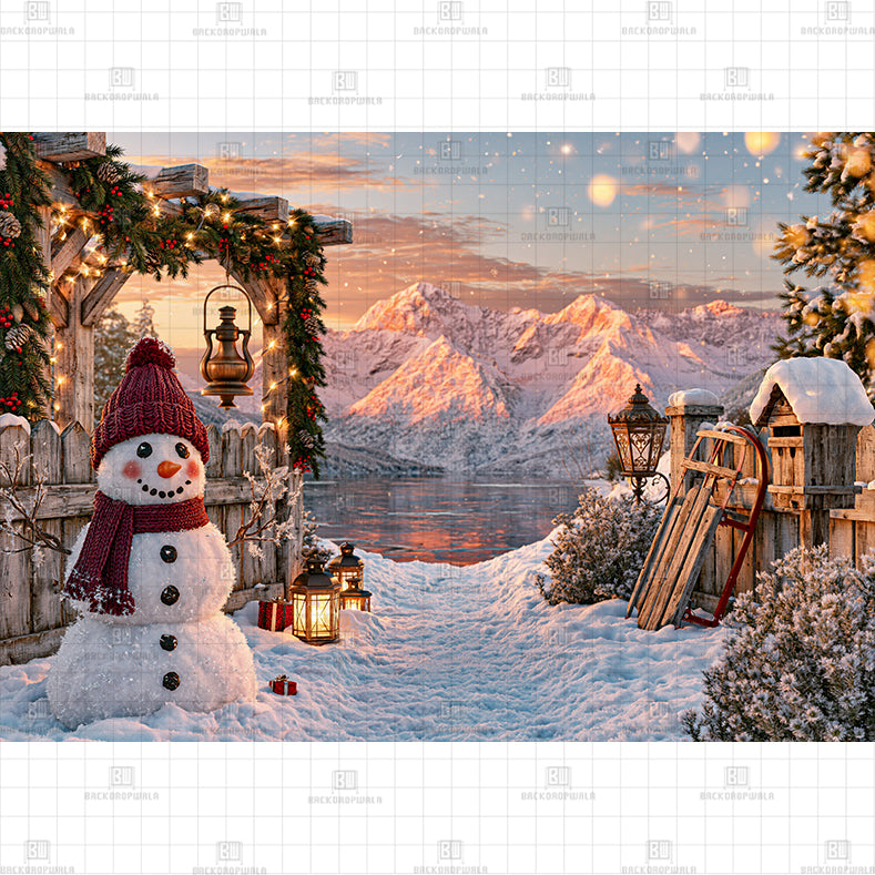 Sunset Alpine Snowman Printed Baby Backdrop