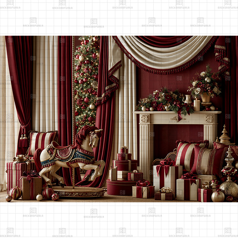 Luxe Carousel Horse Christmas Printed Baby Backdrop