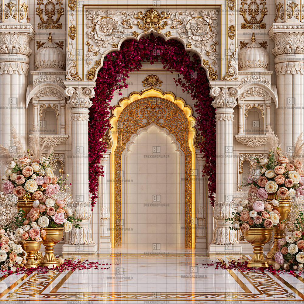 Grand Palace Ivory Pillar Ganesh Decoration Printed Backdrop