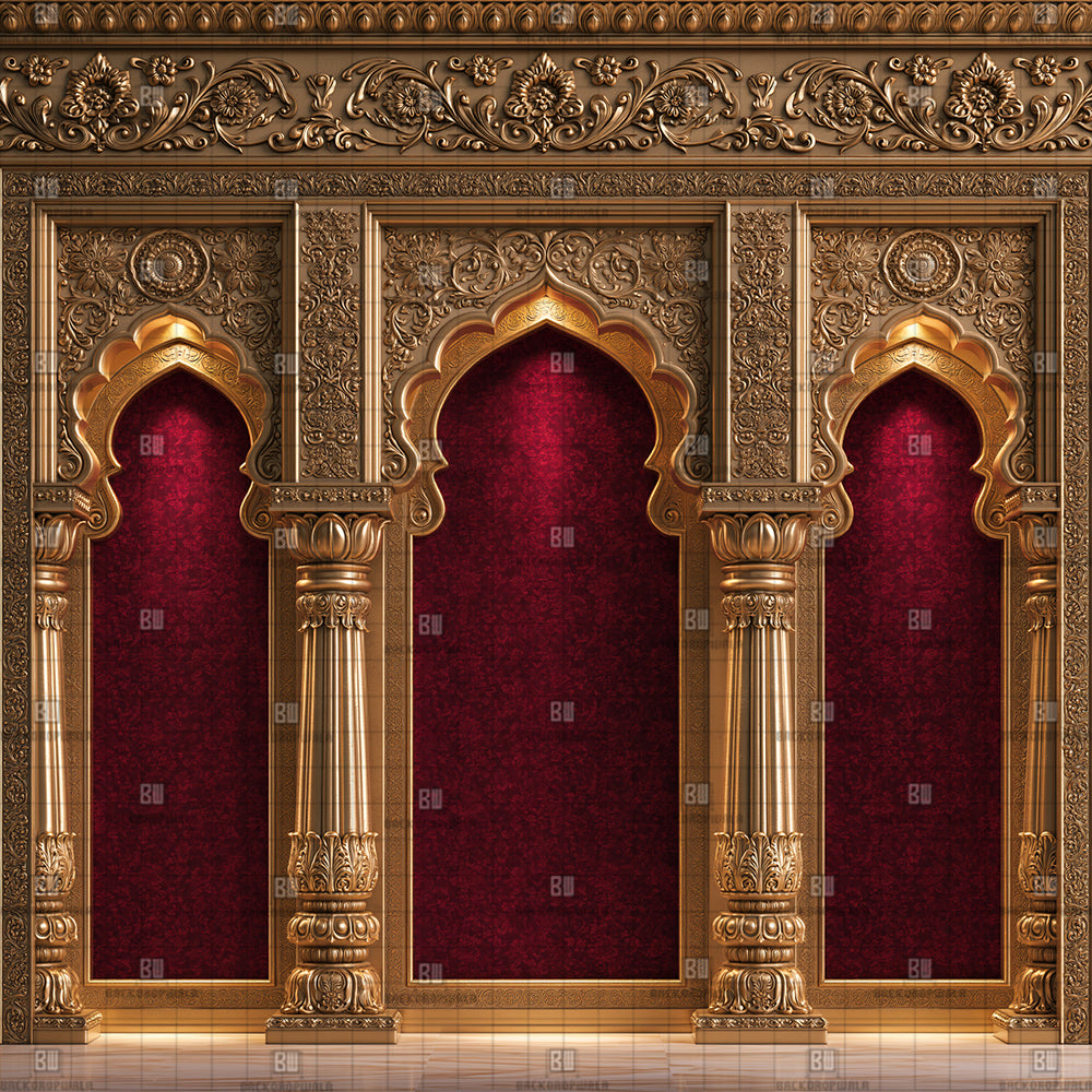 Carved Gold Pillars Ganesh Decoration Printed Backdrop