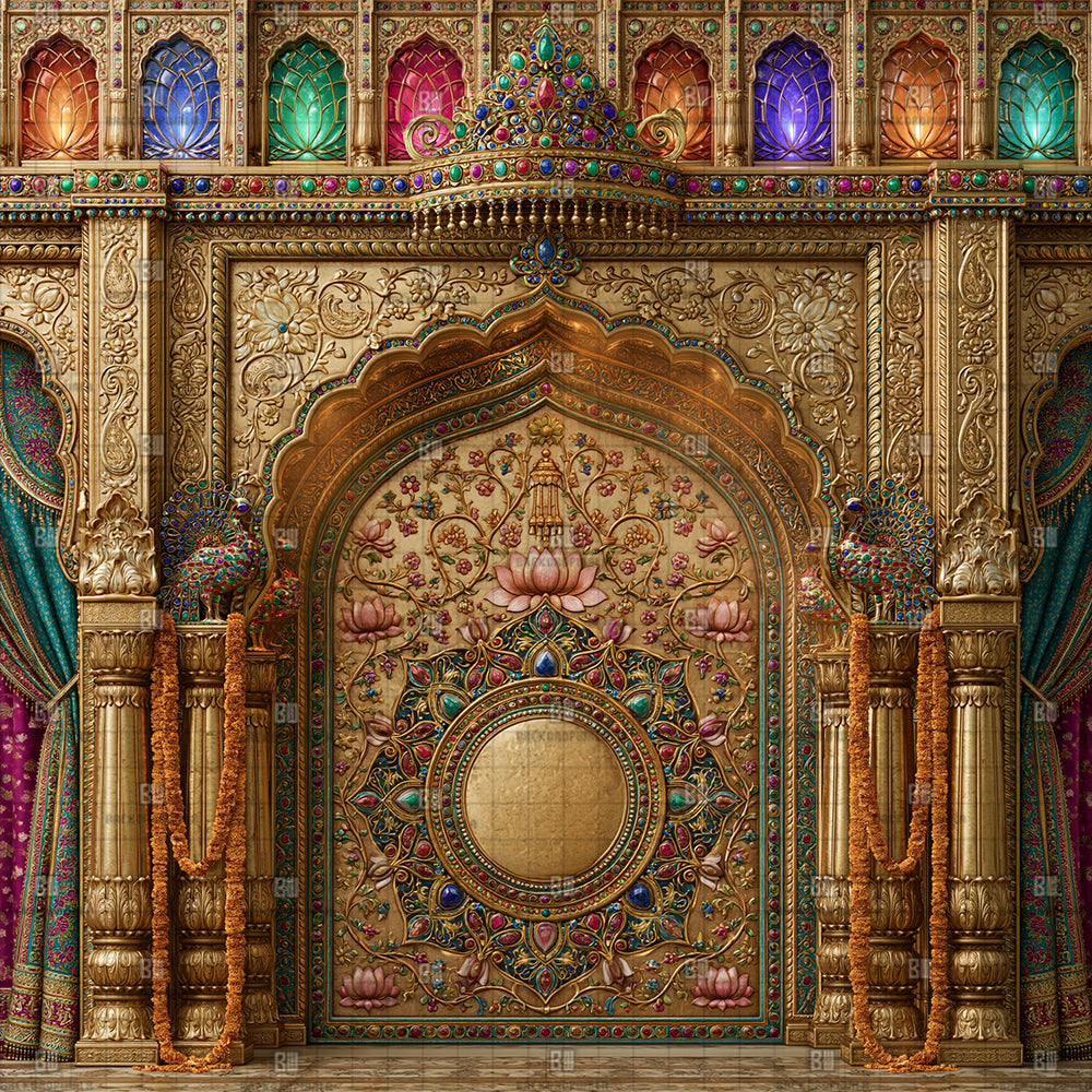 Golden Gemstone Mandap Ganesh Decoration Printed Backdrop