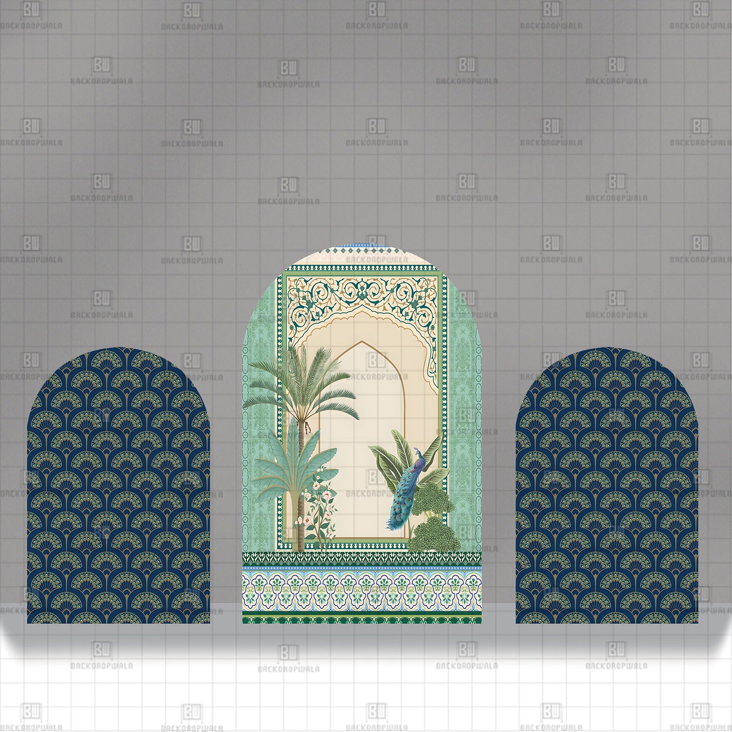 Palms and Peacock Patterns Theme Printed Event Backdrop