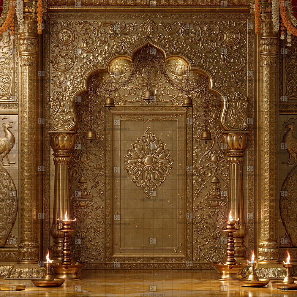 Golden Gemstone Ganesh Decoration Printed Backdrop