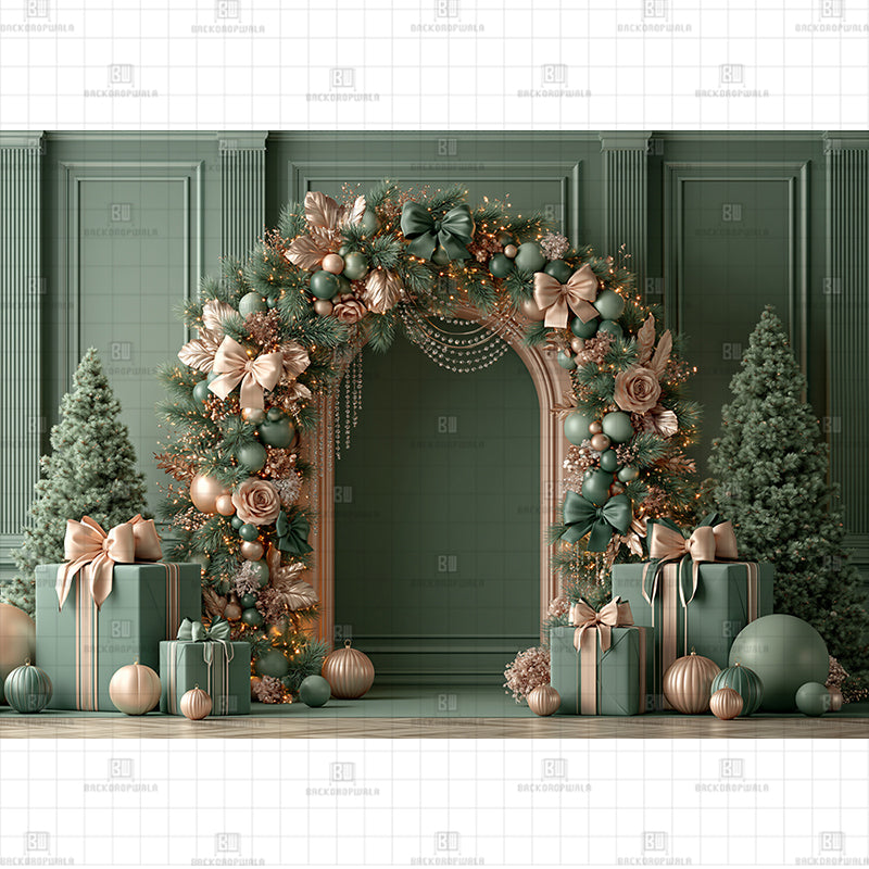 Luxe Olive Holiday Garland Archway Christmas Printed Baby Backdrop