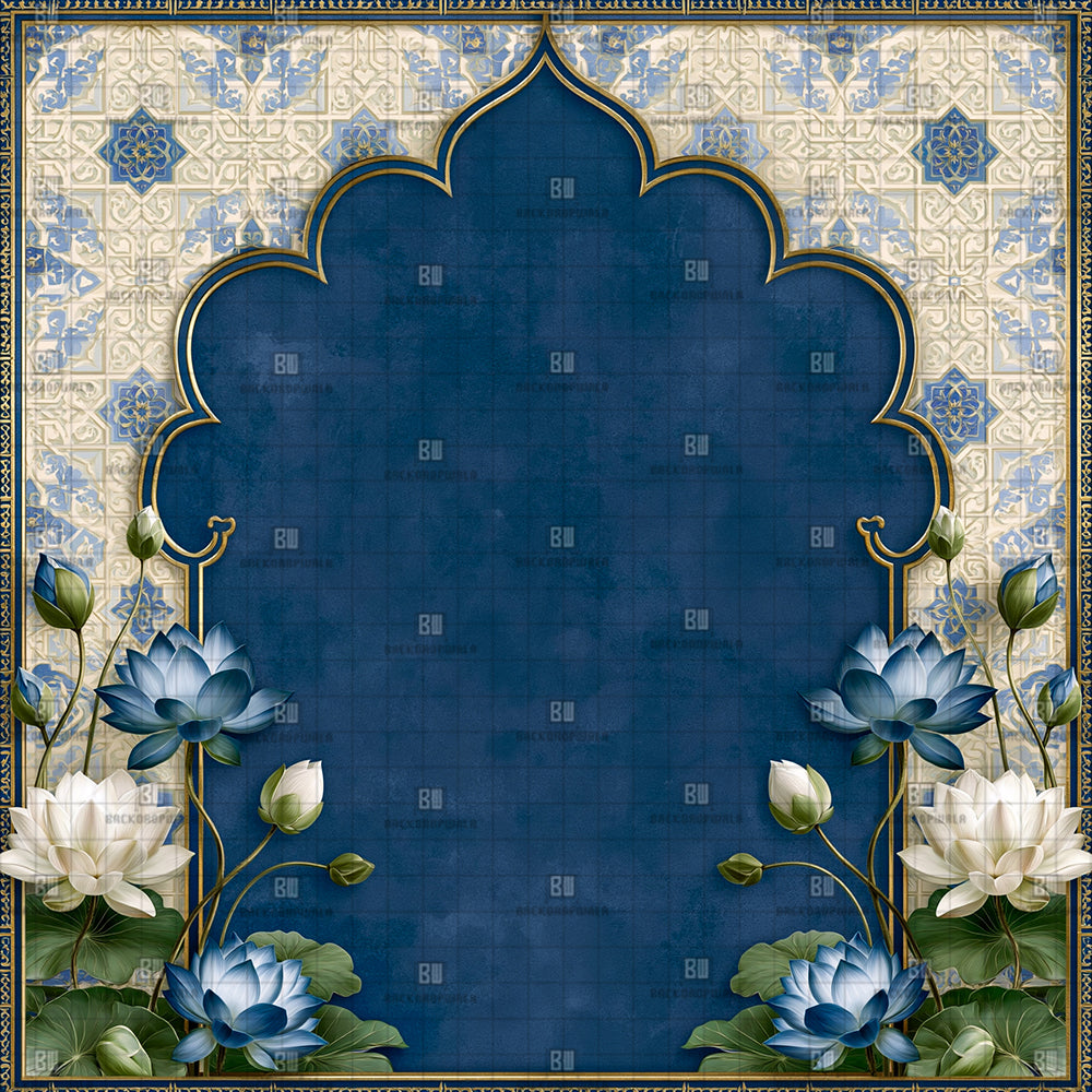 Royal Blue Pichwai Lotus Ganesh Decoration Printed Backdrop