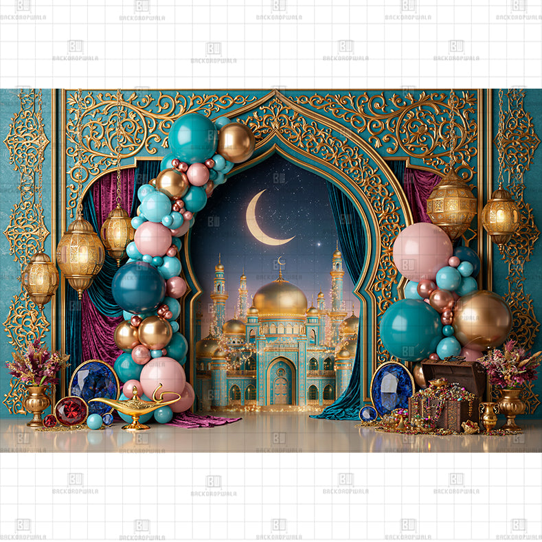 Aladdin Teal and Gold Palace Backdrop Printed Baby Backdrop
