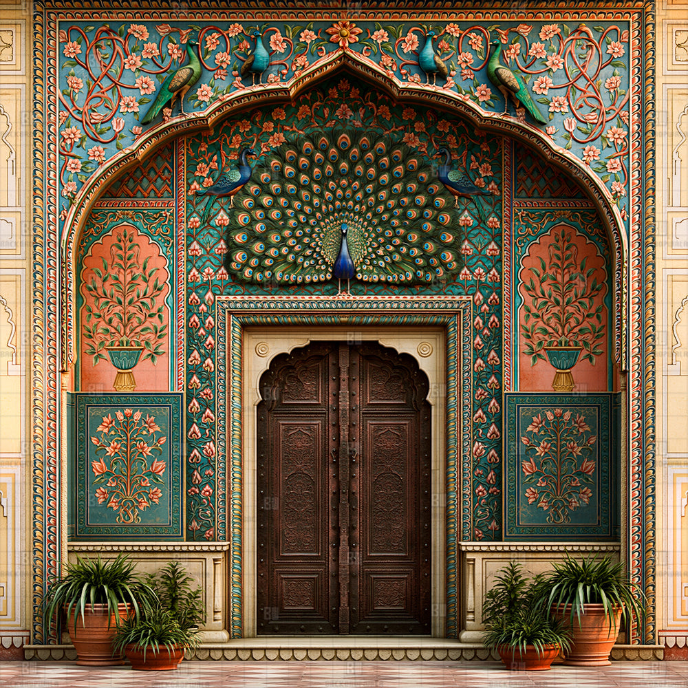 Vibrant Rajasthani Courtyard Ganesh Decoration Printed Backdrop