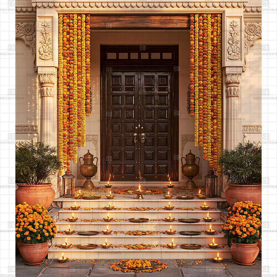 Traditional Indian Doorway Diya Glow Printed Diwali Decoration Backdrop