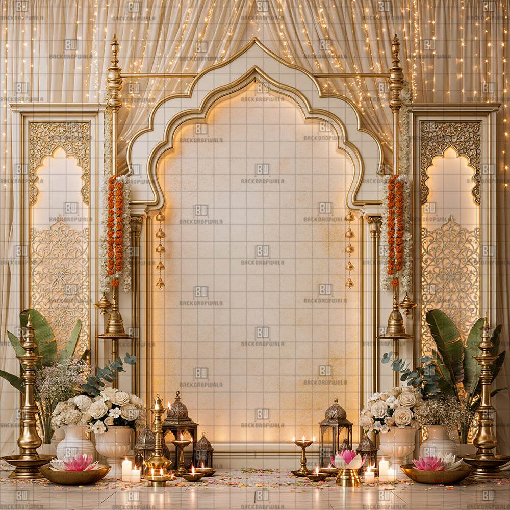 Imperial Cream & Gold Canopy Ganesh Decoration Printed Backdrop
