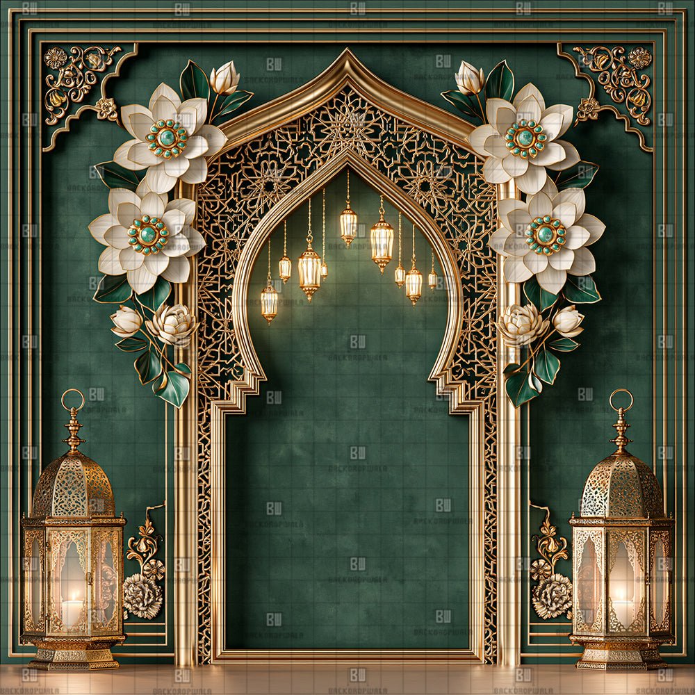 Jade Green Filigree Ganesh Decoration Printed Backdrop