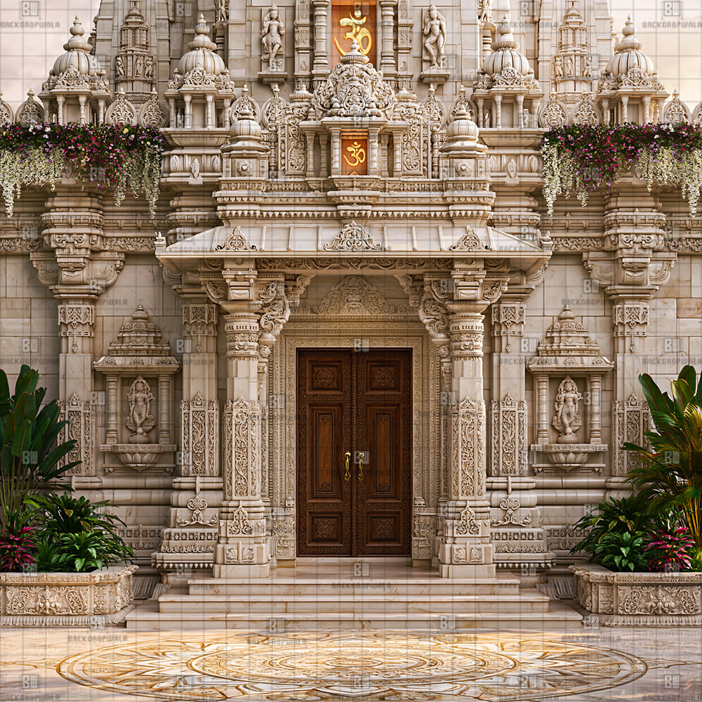 Divine Om Temple Entrance Ganesh Decoration Printed Backdrop
