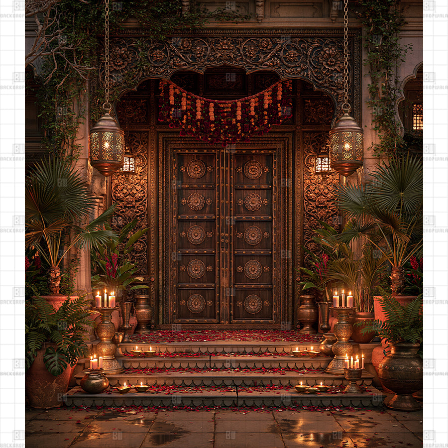 Ornate Carved Teakwood Palace Portal Printed Diwali Backdrop
