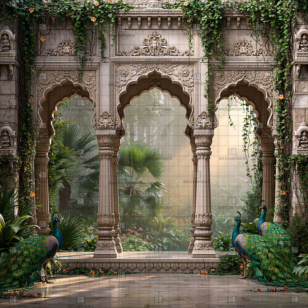 Ivory Stone Peacock Arch Ganesh Decoration Printed Backdrop