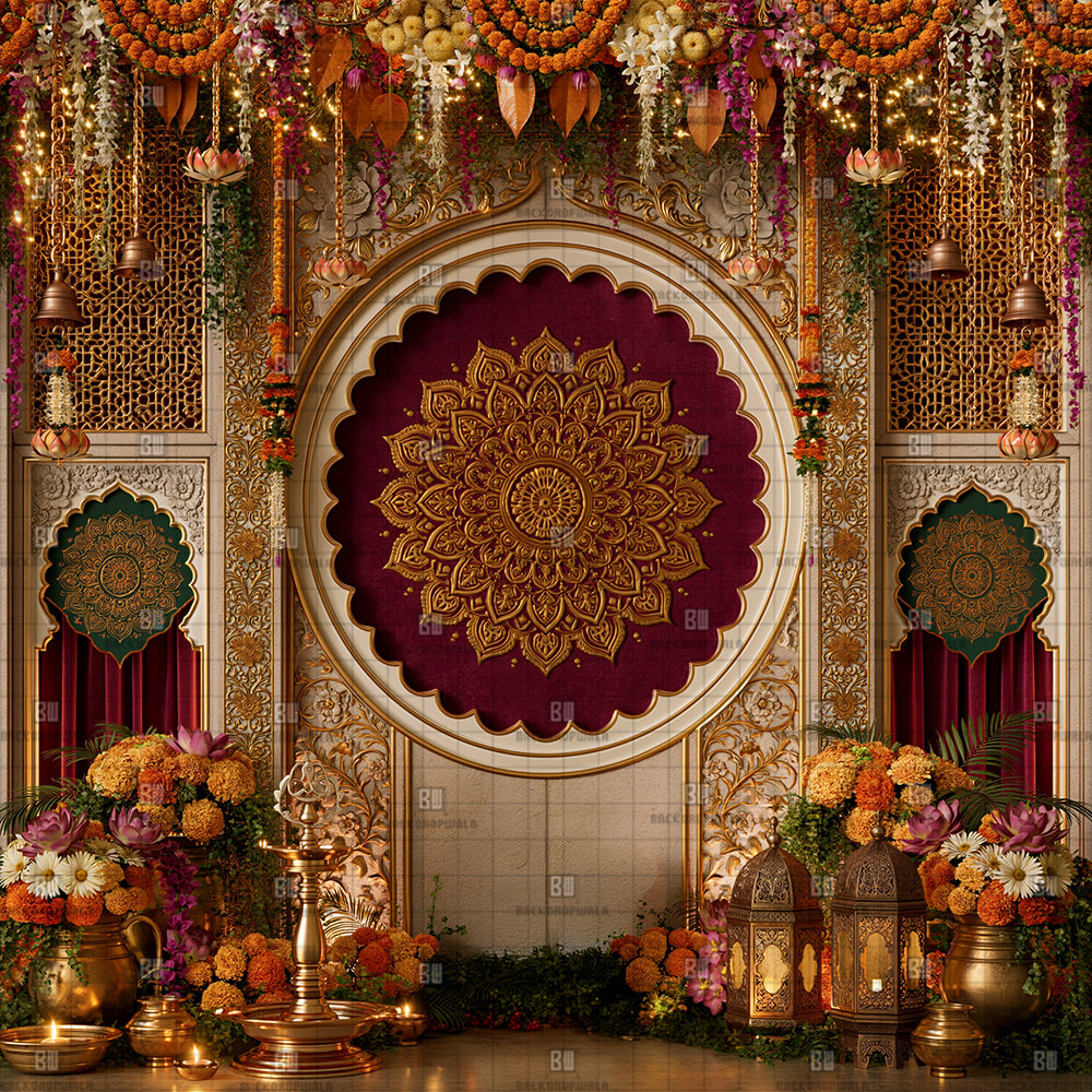 Opulent Gold Lattice Ganesh Decoration Printed Backdrop
