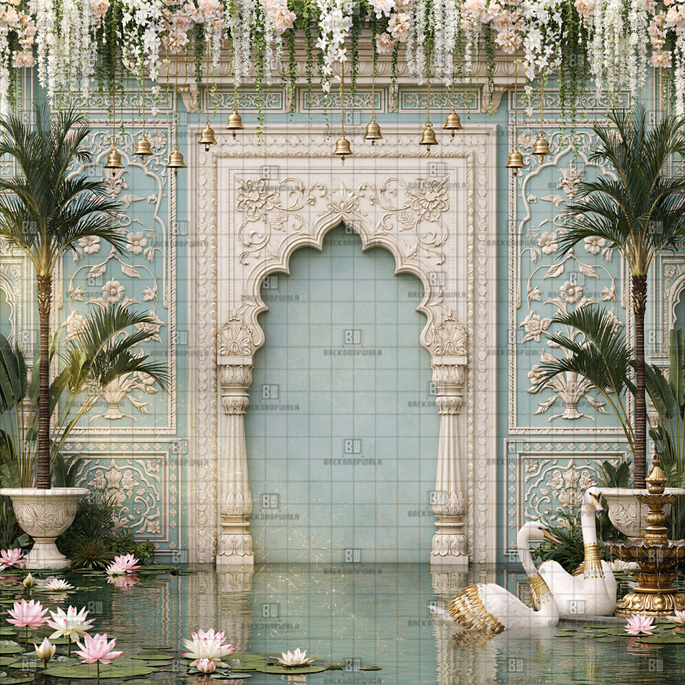 Grand Pastel Blue Palace Garden Ganesh Decoration Printed Backdrop