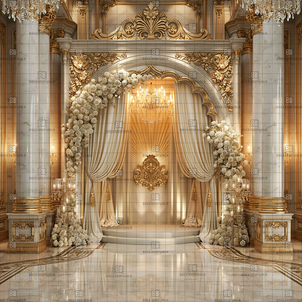 Grand Gold Draped Ballroom Ganesh Decoration Printed Backdrop