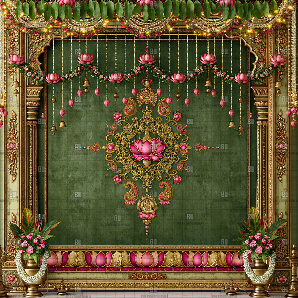 Royal Olive Green Lotus Ganesh Decoration Printed Backdrop