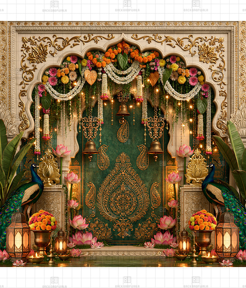 Regal Ivory Archway with Brass Bells & Lotus Navratri Decoration Backdrop