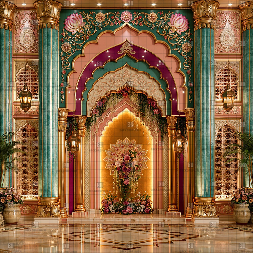 Grand Gold Filigree Ganesh Decoration Printed Backdrop