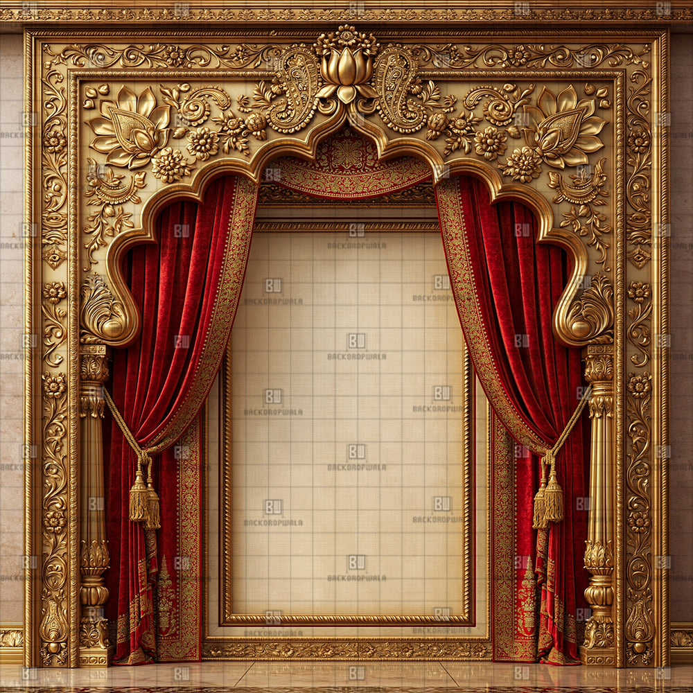 Gold Lotus Carved Archway Ganesh Decoration Printed Backdrop