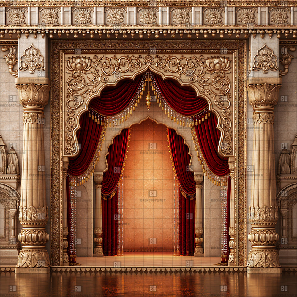 Deep Red Velvet Palace Shrine Ganesh Decoration Printed Backdrop