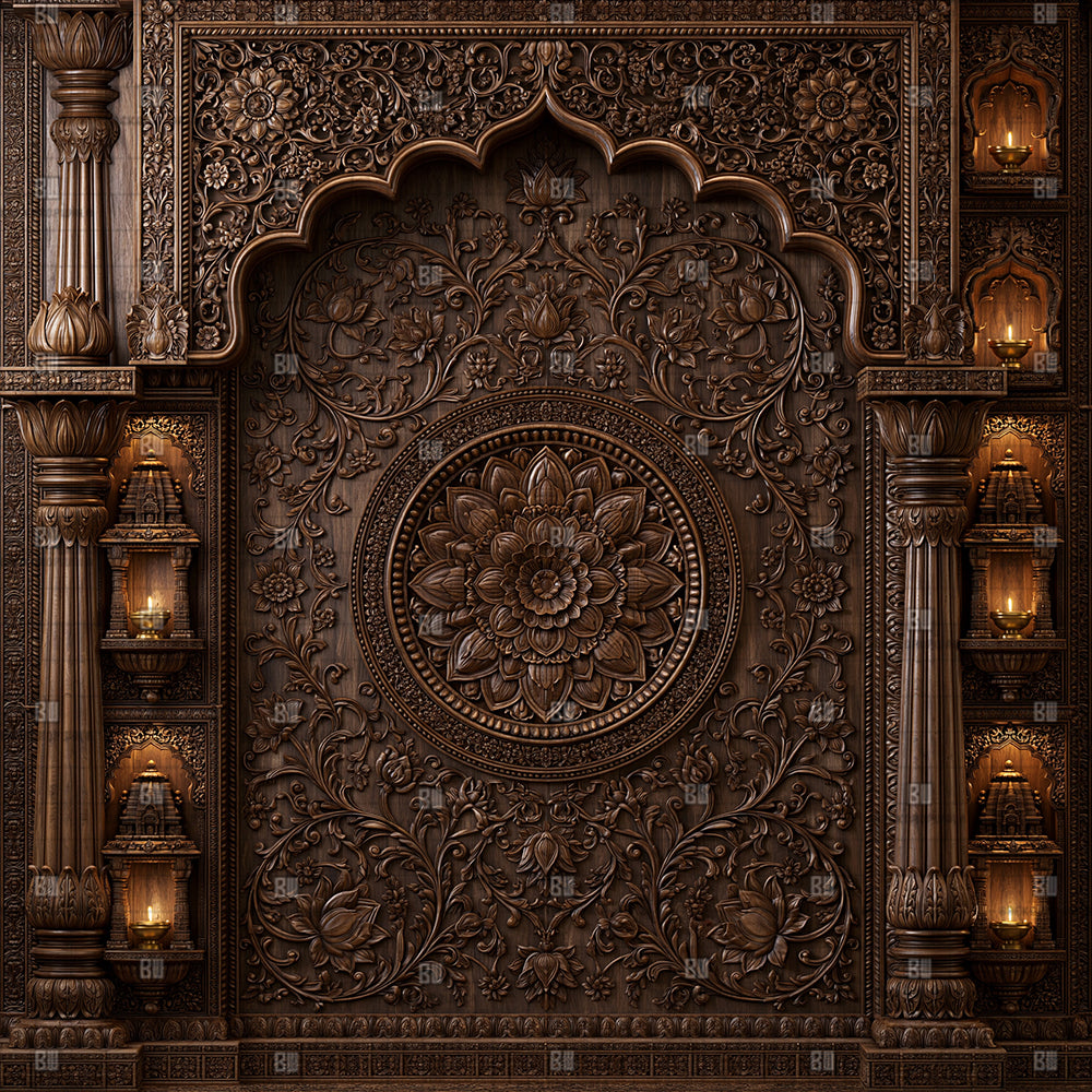 Carved Wood Diya Niche Ganesh Decoration Printed Backdrop