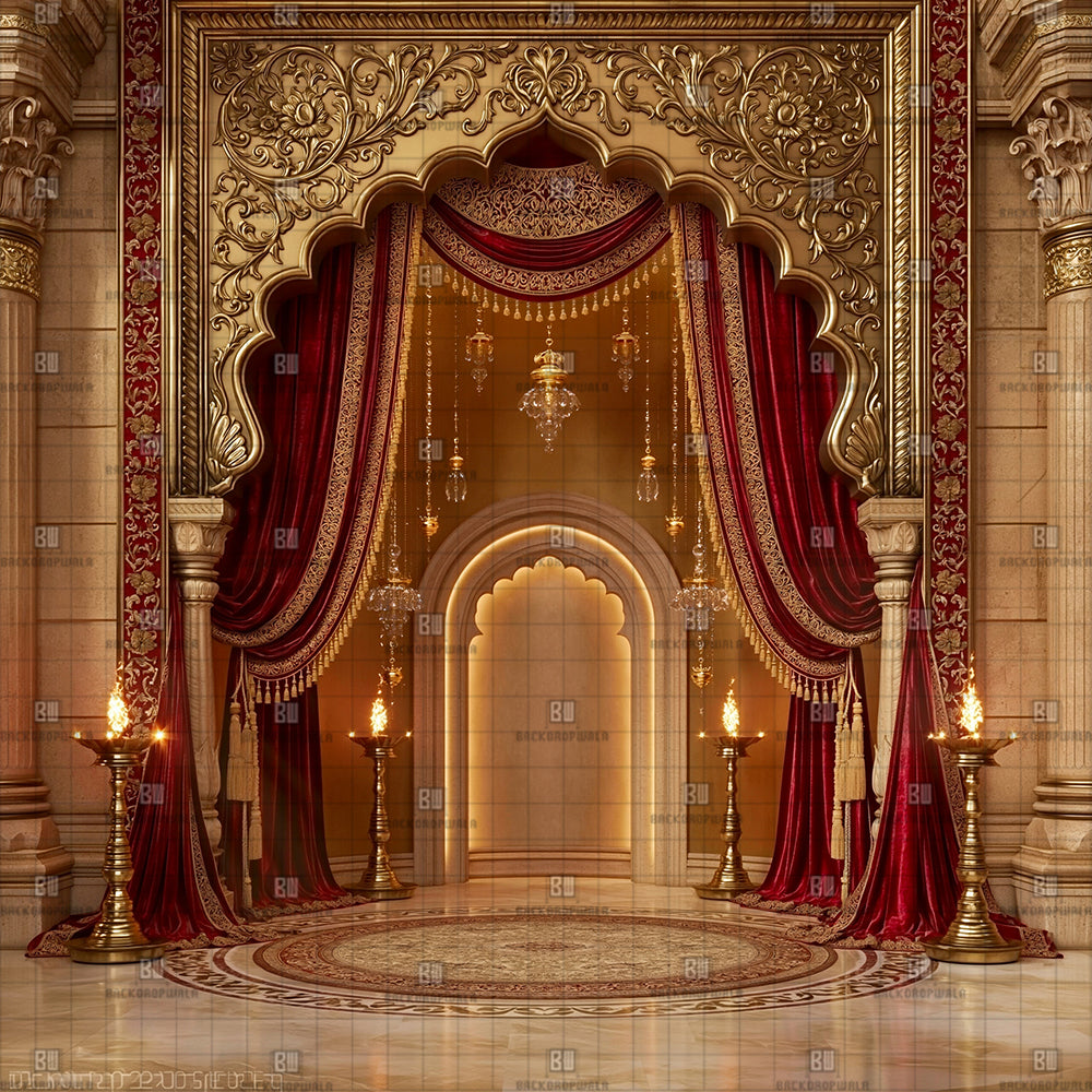 Royal Crimson Velvet Drapes Ganesh Decoration Printed Backdrop