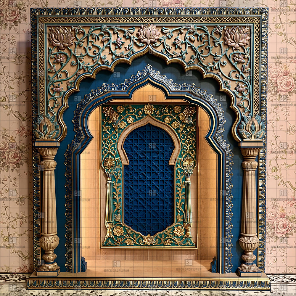 Opulent Royal Blue Arch with Floral Vines Ganesh Decoration Printed Backdrop