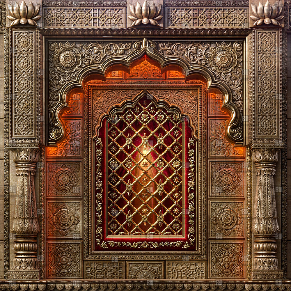 Metallic Lotus Pillar Ganesh Decoration Printed Backdrop