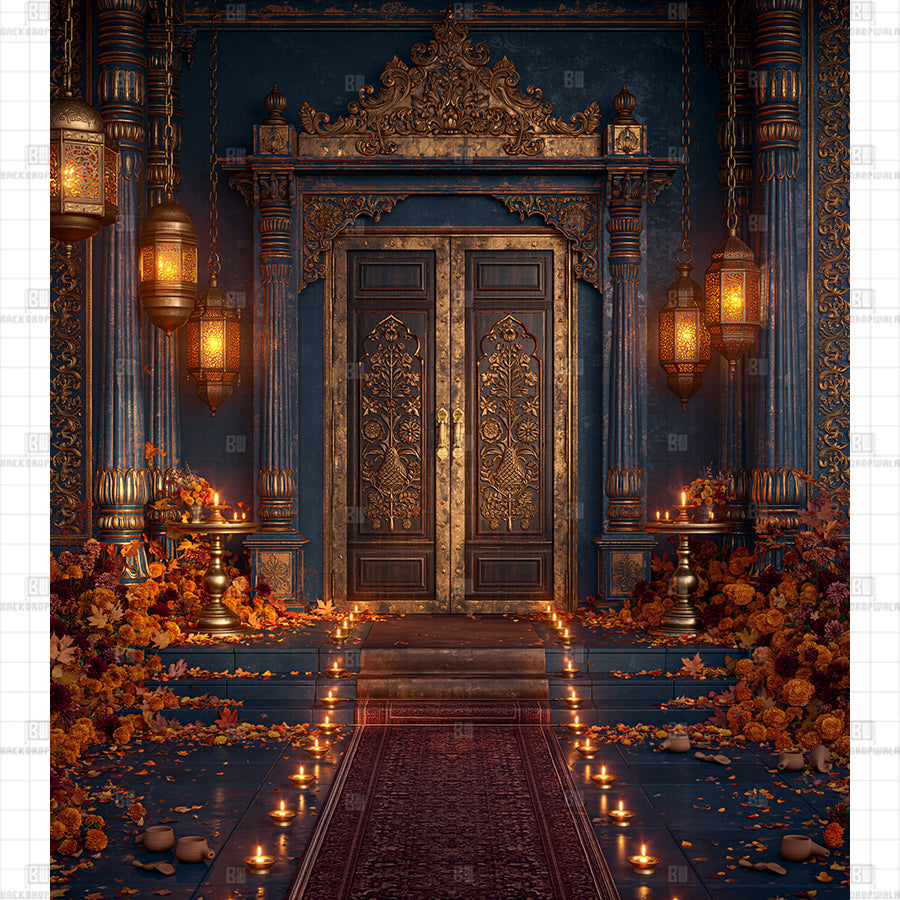 Golden Glow on Royal Blue Diwali Decoration Backdrop