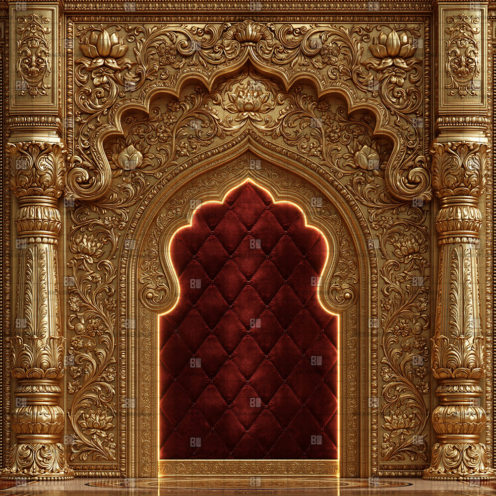 Deep Red Velvet Drapery Ganesh Decoration Printed Backdrop