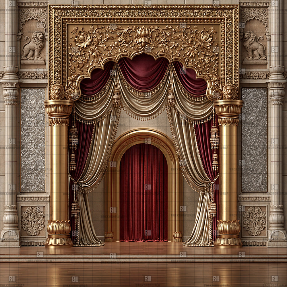 Imperial Champagne Curtain Ganesh Decoration Printed Backdrop