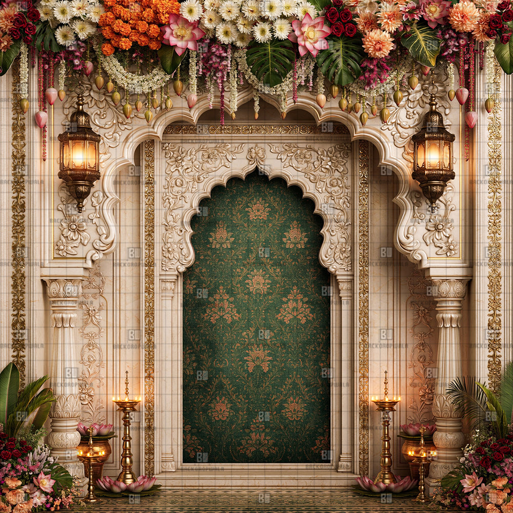 Hanging Lantern Floral Ganesh Decoration Printed Backdrop