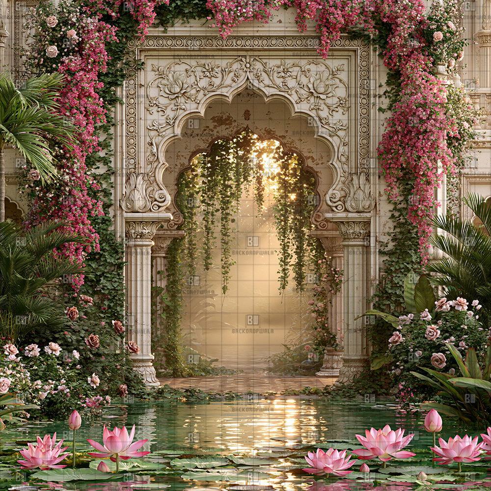 Opulent Pink Floral Arch Ganesh Decoration Printed Backdrop