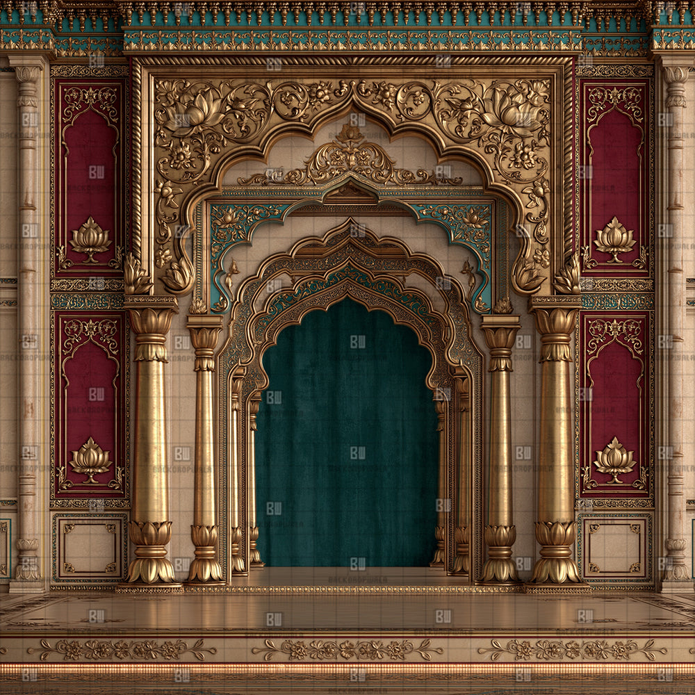 Teal & Crimson Palace Ganesh Decoration Printed Backdrop