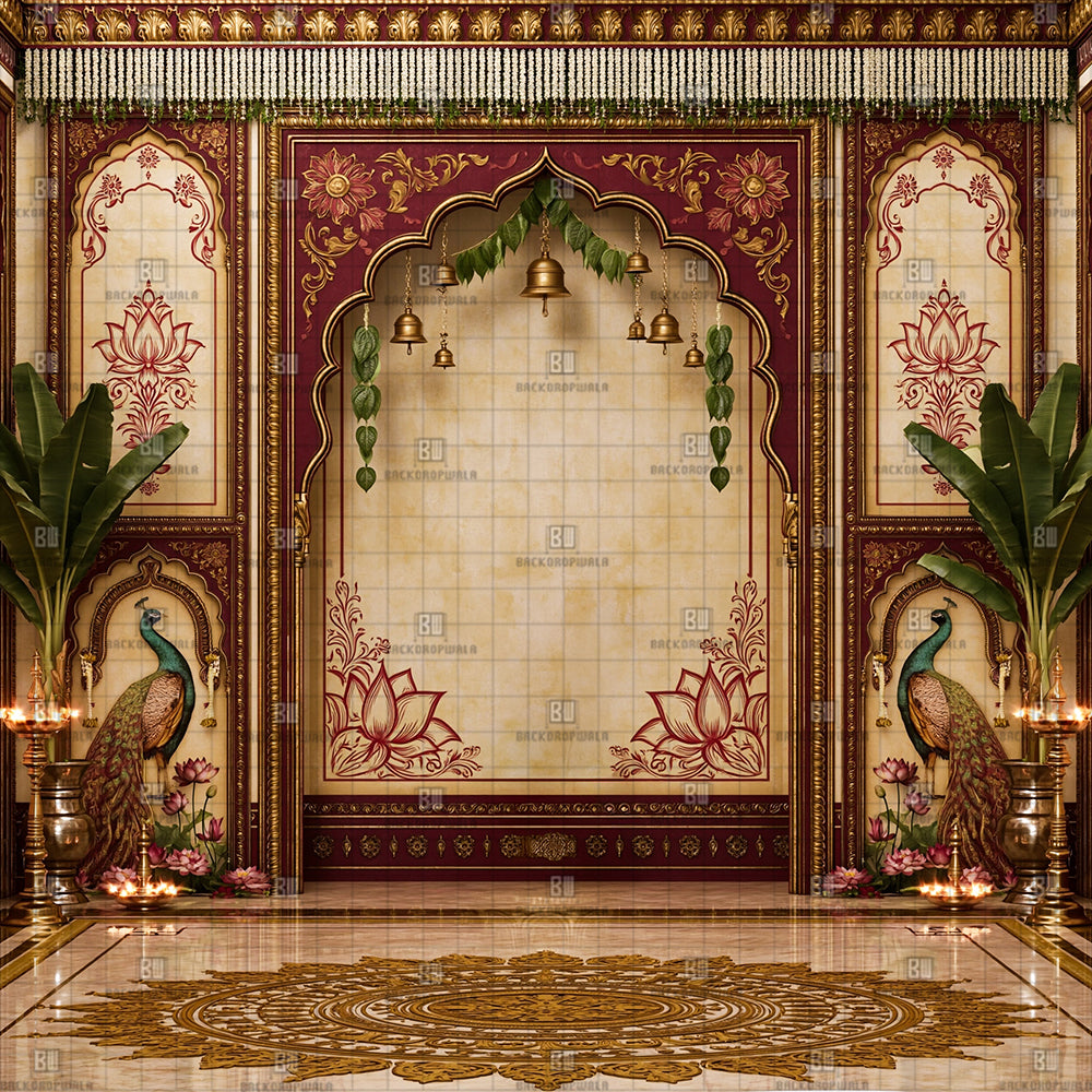 Traditional Divine Palace Shrine Ganesh Decoration Printed Backdrop