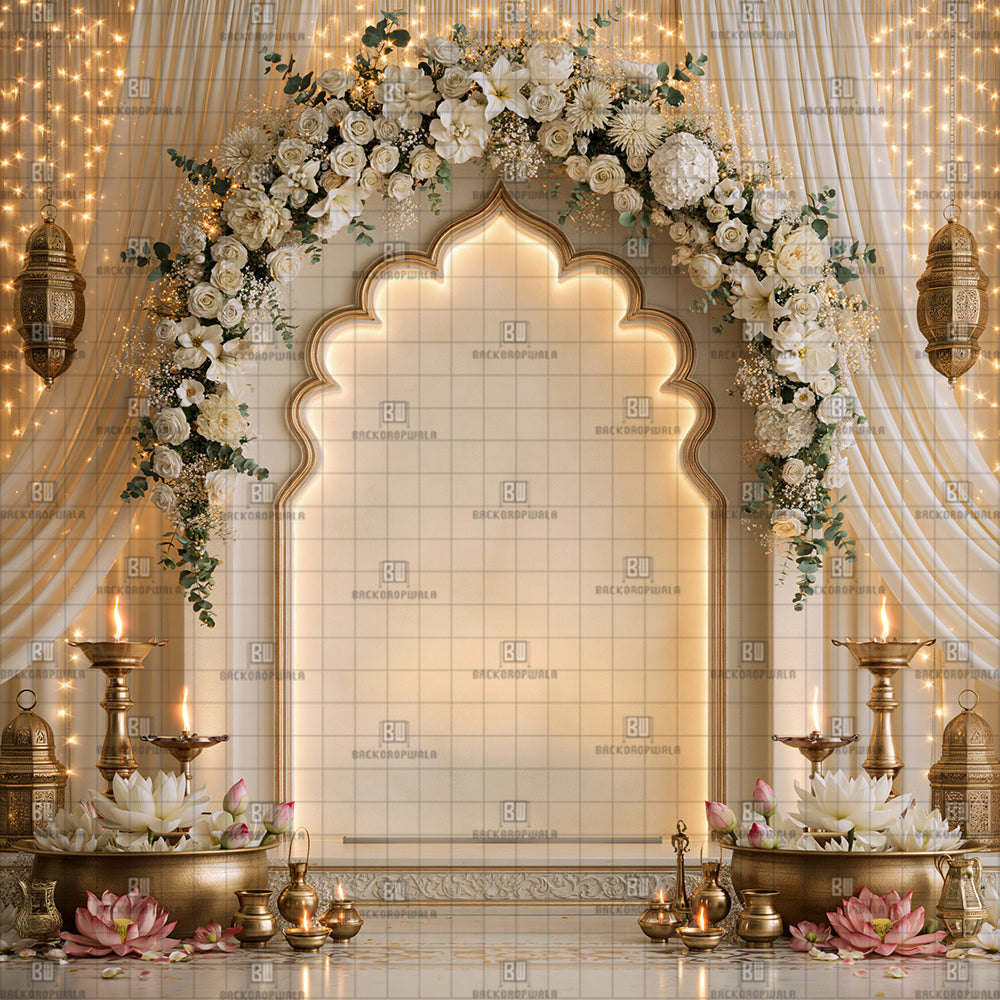 Royal White Floral Pavilion Ganesh Decoration Printed Backdrop