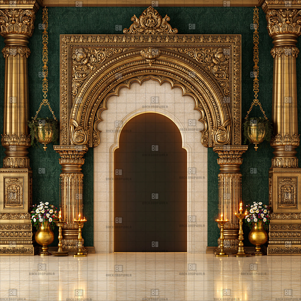 Grand Gilded Pillar Alcove Ganesh Decoration Printed Backdrop