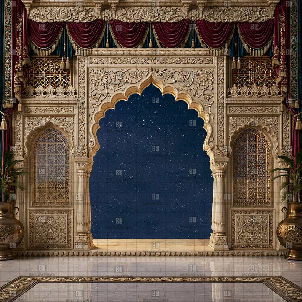 Opulent Emerald Court Entrance Ganesh Decoration Printed Backdrop