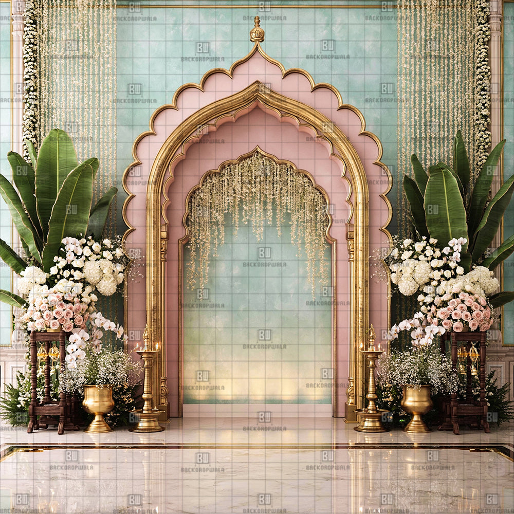 Pastel Pink & Mint Green Scalloped Ganesh Decoration Printed Backdrop