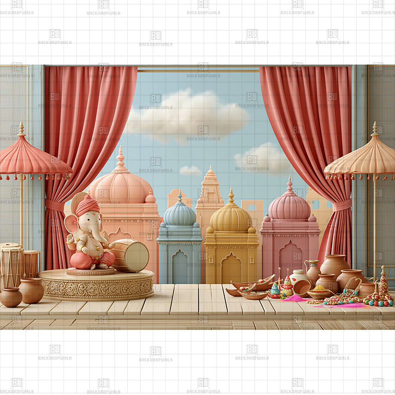 Blue Curtain Ganesha Printed Baby Backdrop