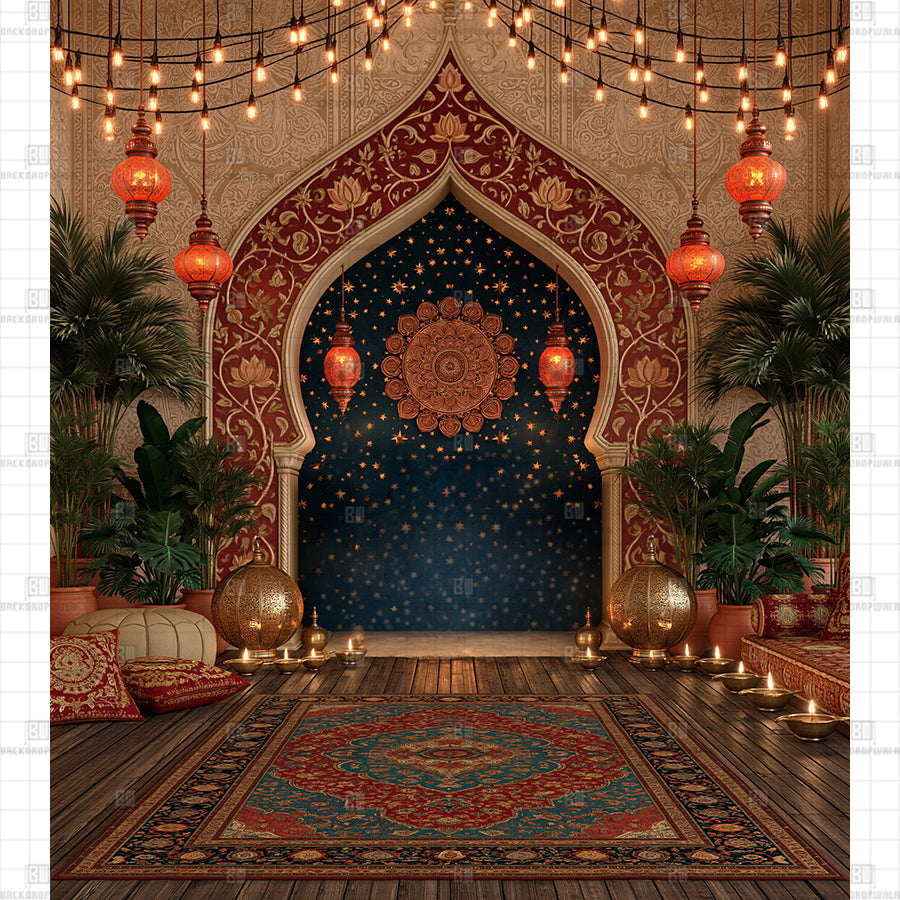 Palace Courtyard with Perforated Brass Globes Printed Diwali Backdrop