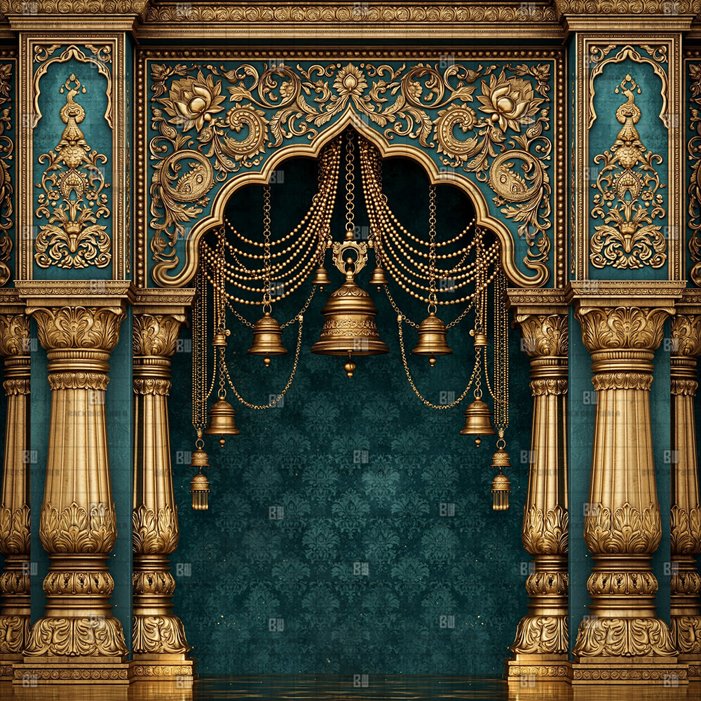 Majestic Teal Gateway Ganesh Decoration Printed Backdrop