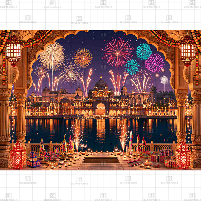 Gilded Palace by the Water Printed Diwali Baby Backdrop