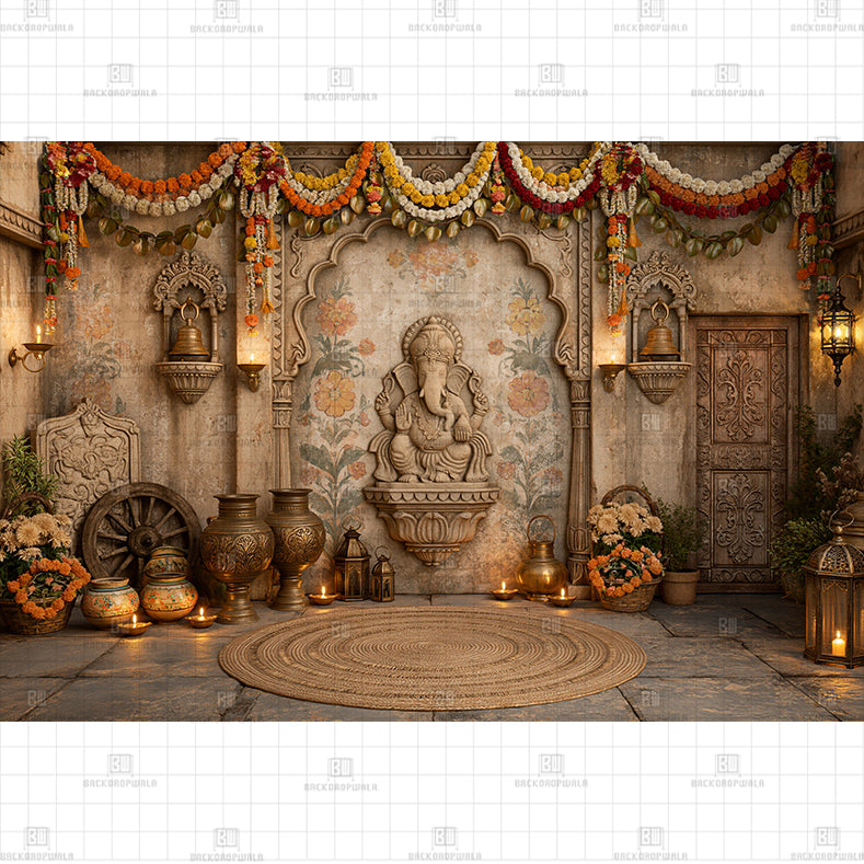 Golden Ganesh Shrine Printed Baby Backdrop