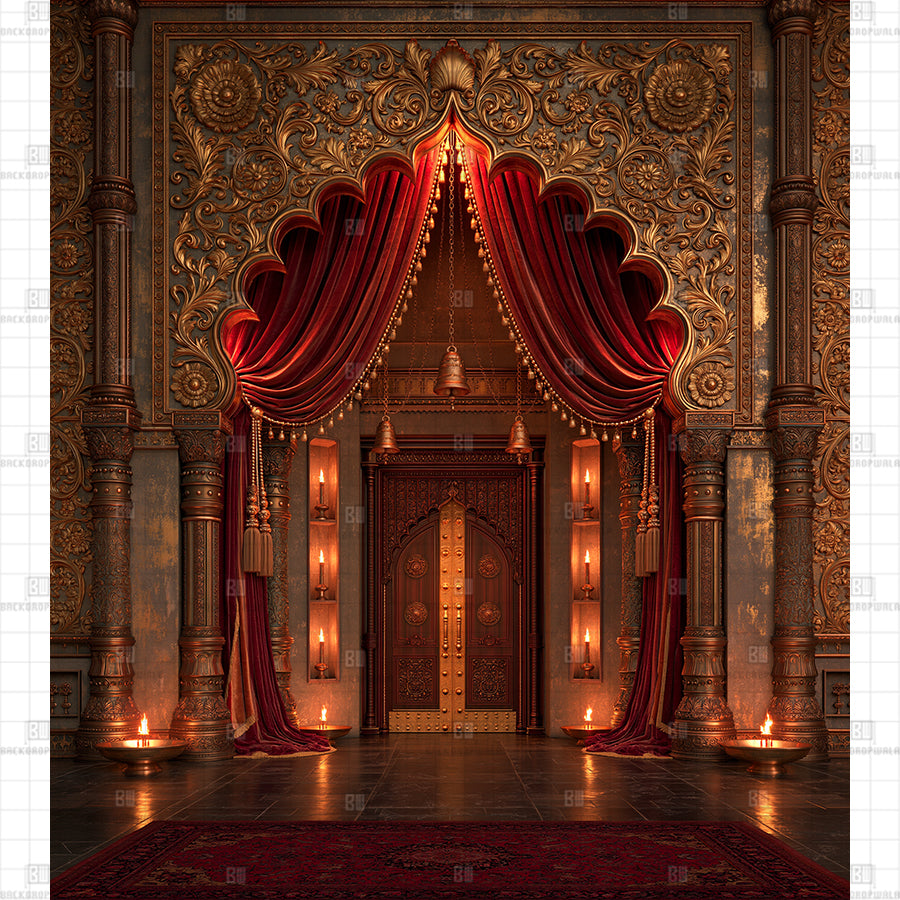 Crimson Velvet Drapes Haveli Printed Diwali Baby Backdrop