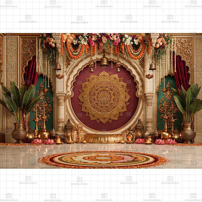 Golden Temple With Flower Printed Baby Backdrop