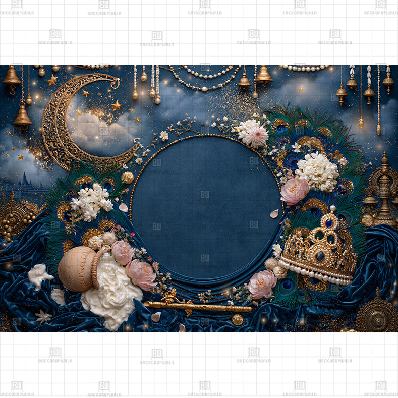Luxury Blue Damask Festive Theme Born Baby Backdrop